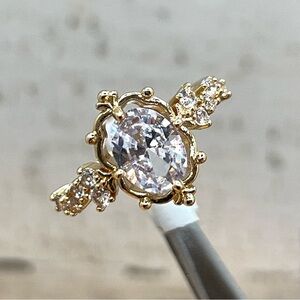 Gold Tone Halo Cubic Zirconia Engagement Ring Sz 7.5 Bridal Vintage Look Dainty